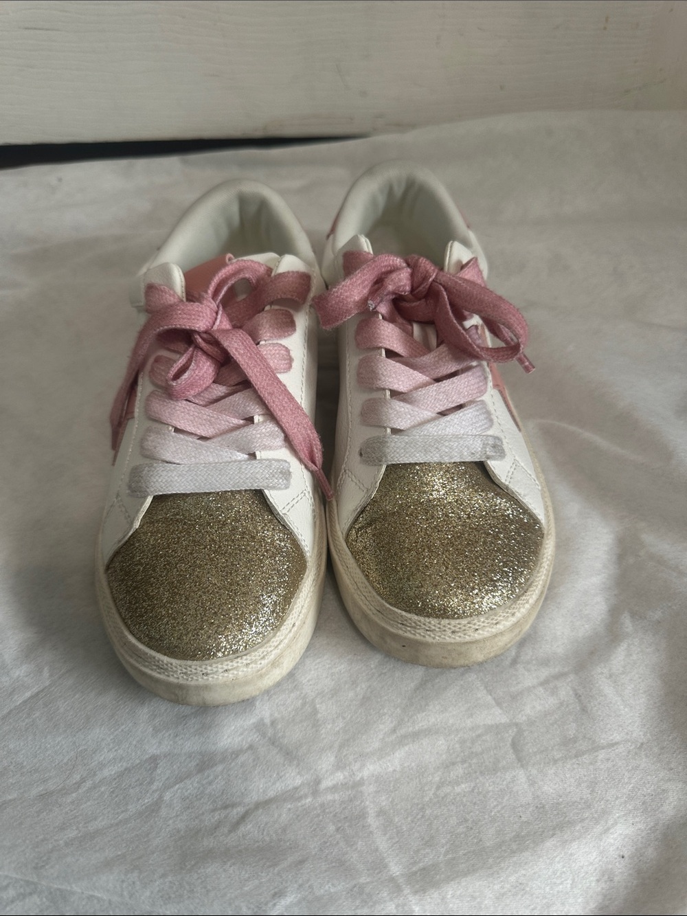 art class White Sneakers with Gold Glitter Toes and Pink Laces